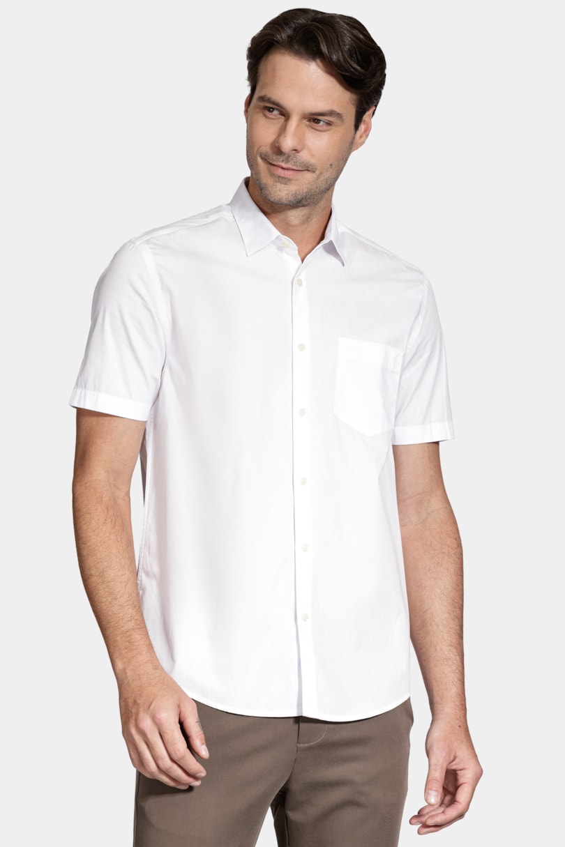 Camisa Manga Curta Regular em Tricoline Liso Com Bolso Branco