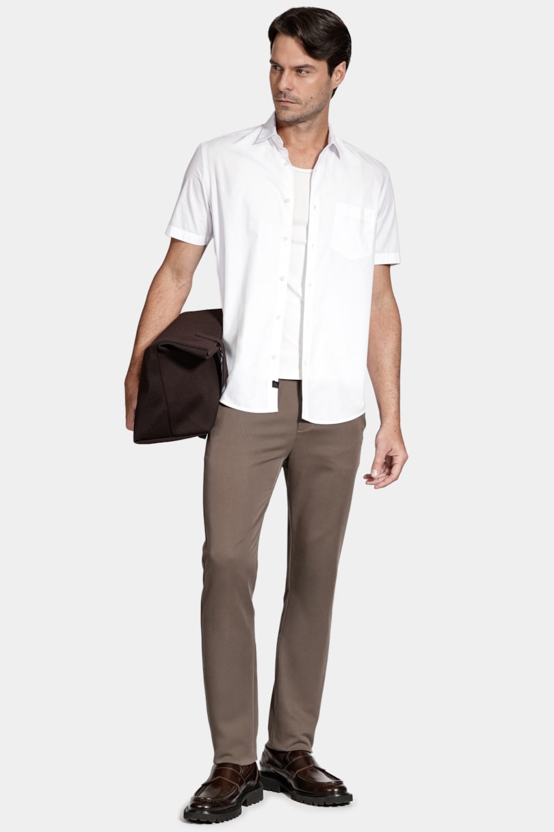 Camisa Manga Curta Regular em Tricoline Liso Com Bolso Branco