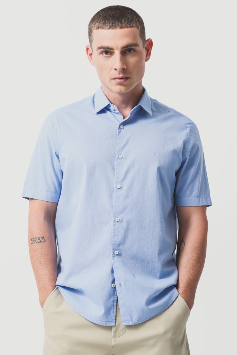 Camisa Manga Curta Regular Fil a Fil Antilia Azul Medio