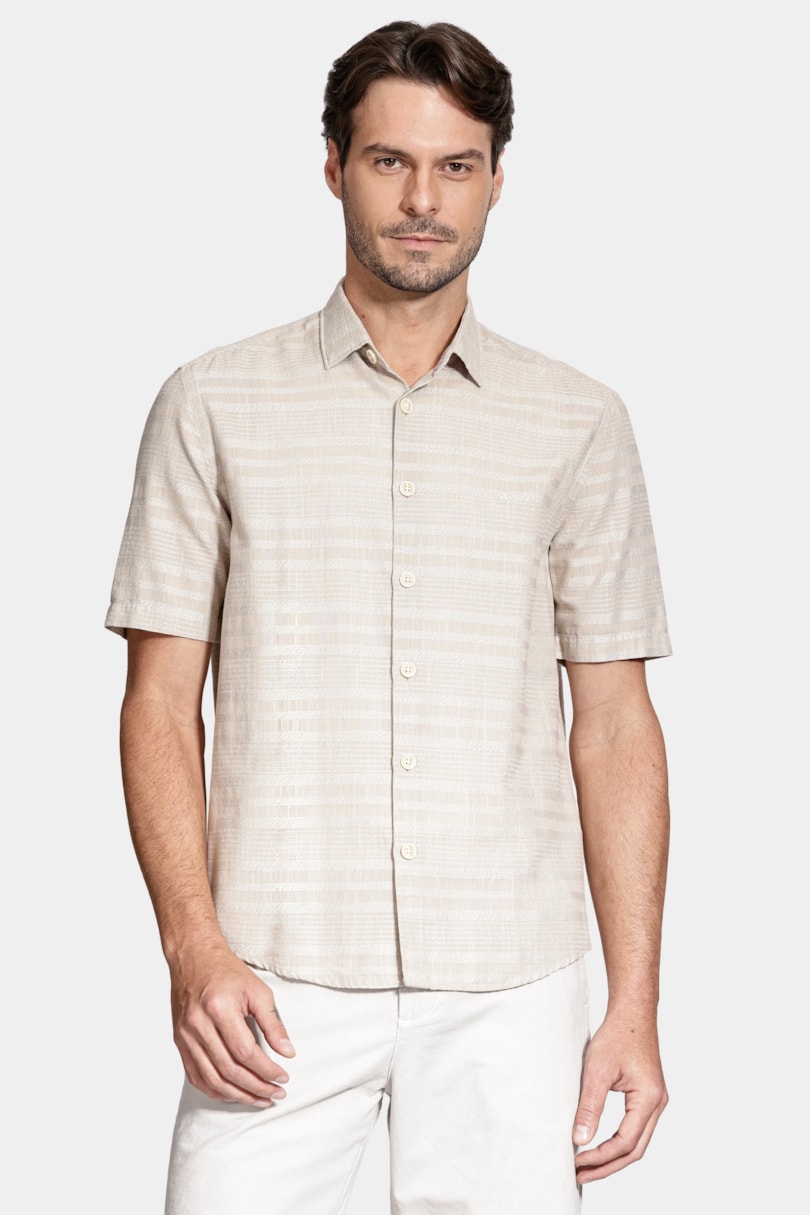 Camisa Manga Curta Regular  Flamê Listrado Caqui