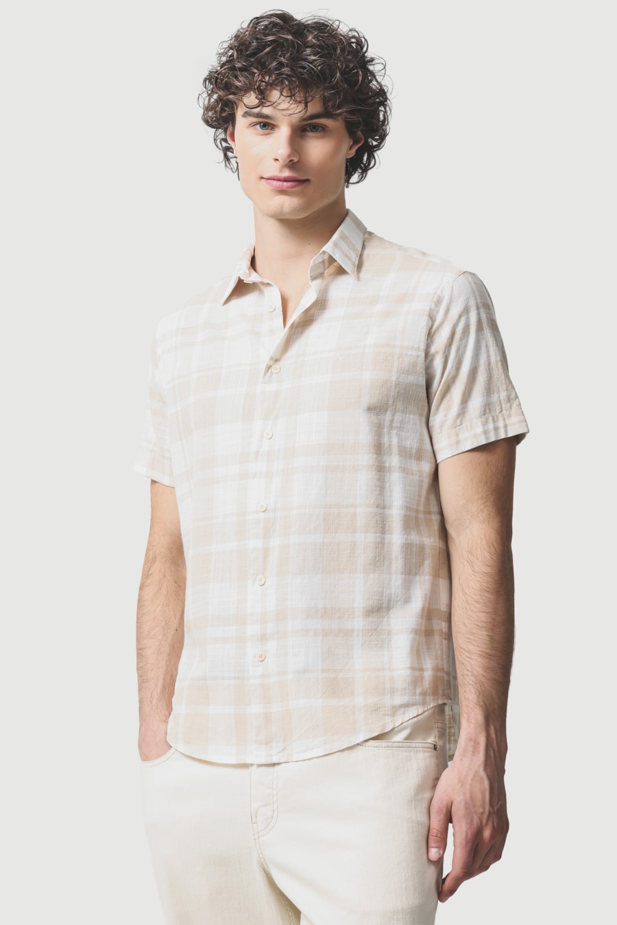 Camisa Manga Curta Regular Flame Xadrez Branco C/Caqui — foto 1 de 6