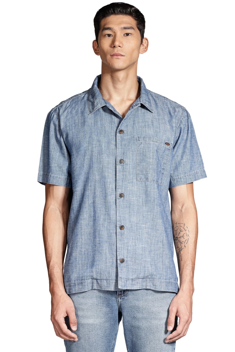 Camisa Manga Curta Regular Jeans em Liocel Azul Jeans