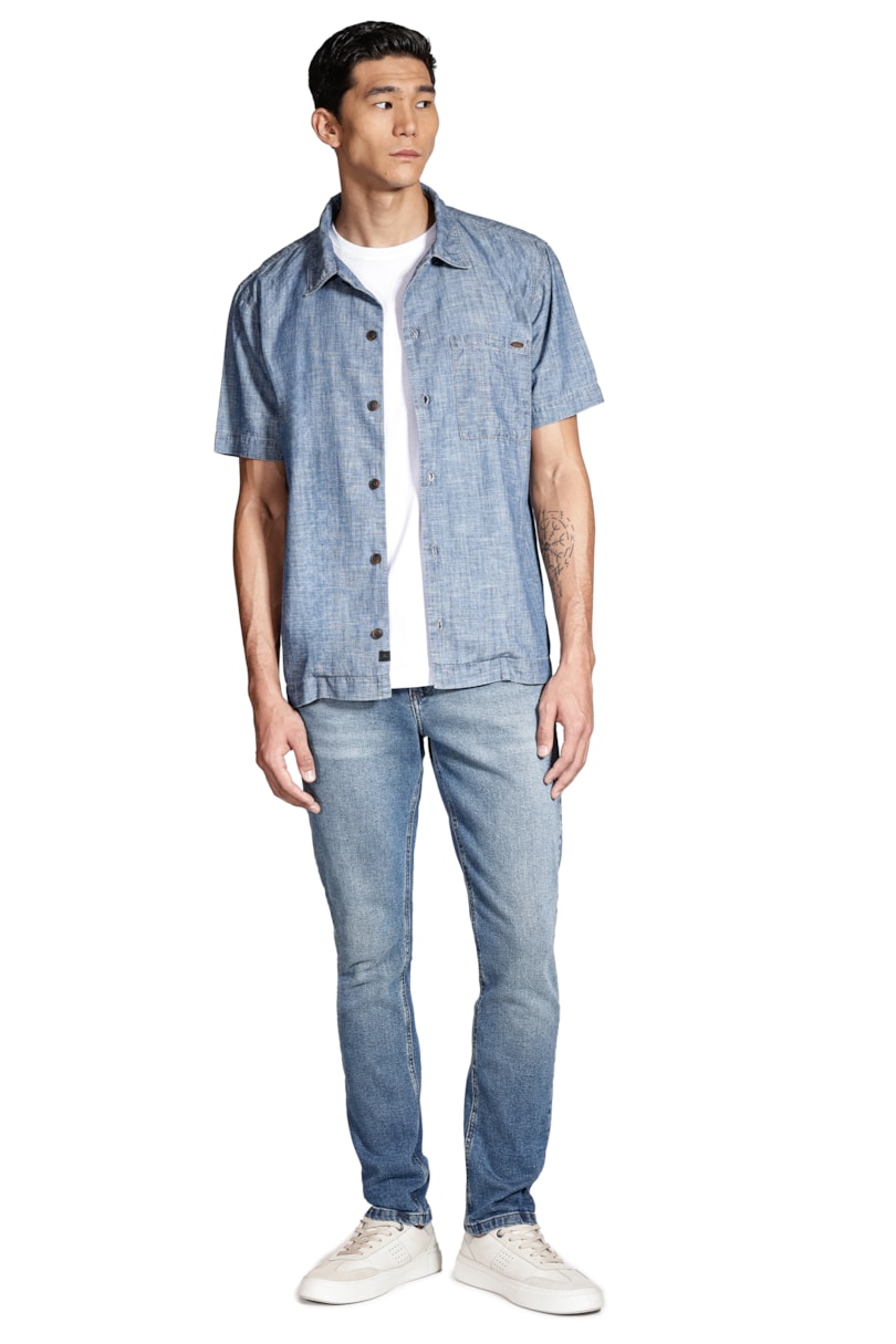 Camisa Manga Curta Regular Jeans em Liocel Azul Jeans
