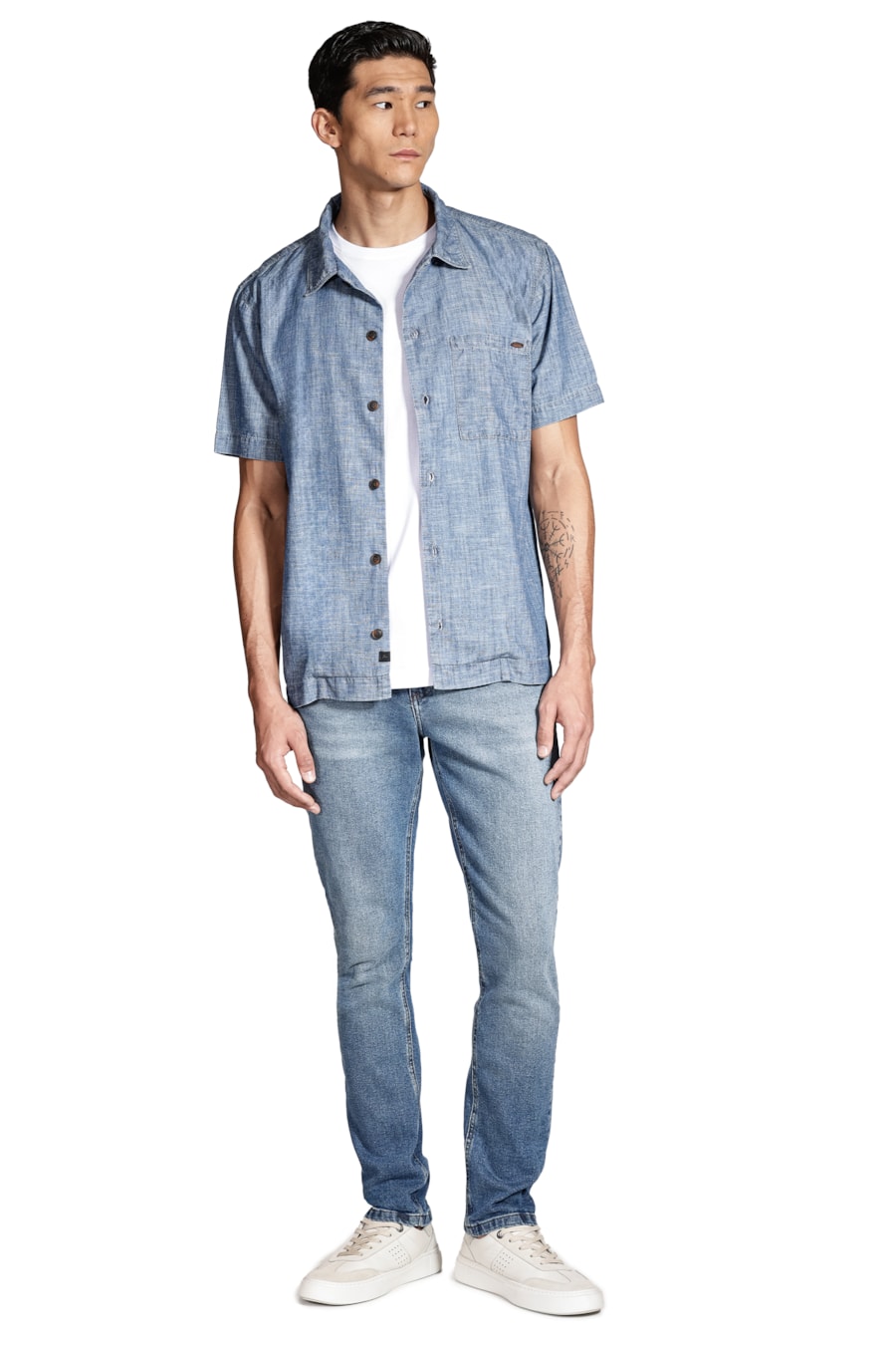 Camisa Manga Curta Regular Jeans em Liocel Azul Jeans — foto 2 de 6