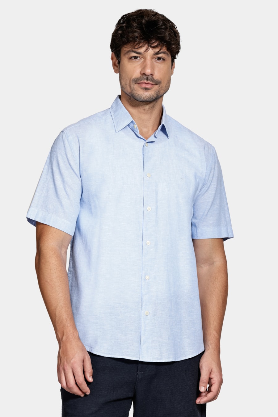 Camisa Manga Curta Regular Linho Algodão Azul — foto 1 de 5