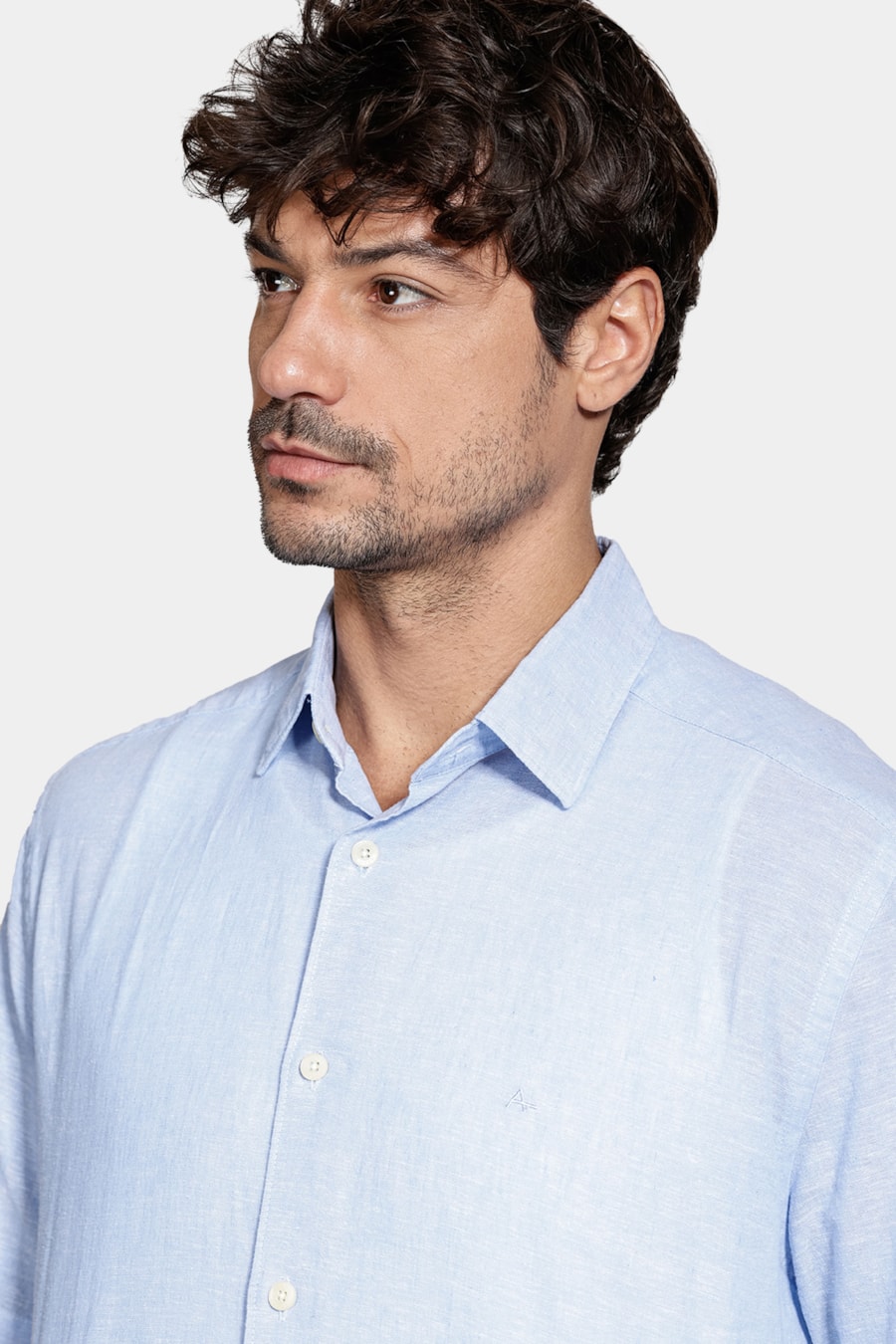 Camisa Manga Curta Regular Linho Algodão Azul — foto 3 de 5