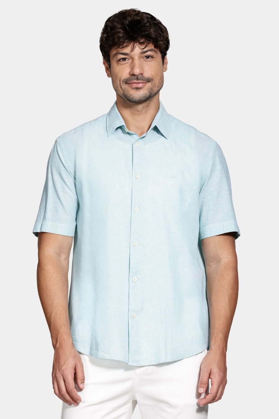 Camisa Manga Curta Regular Linho Algodão Azul Piscina — foto 1 de 5
