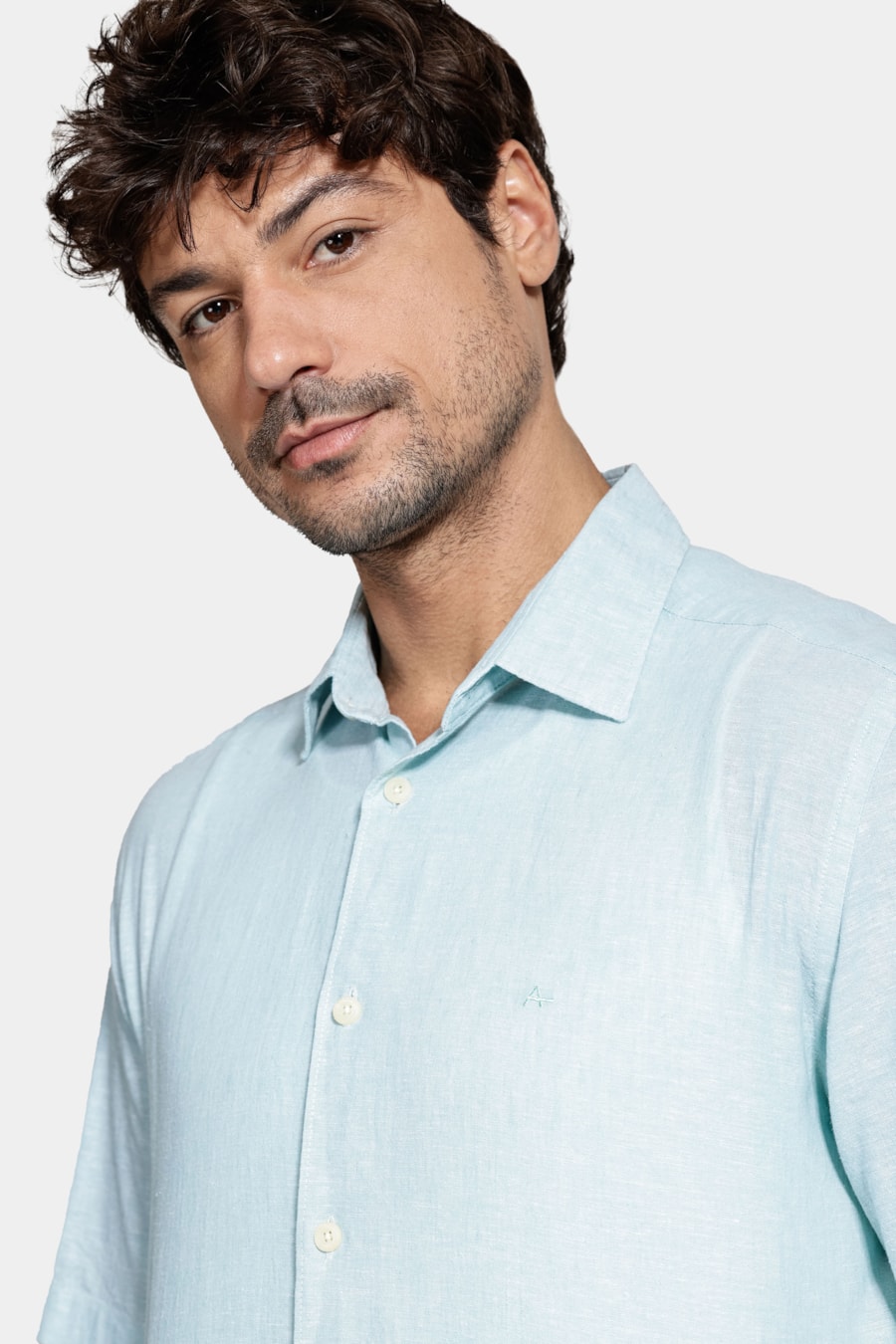 Camisa Manga Curta Regular Linho Algodão Azul Piscina — foto 3 de 5
