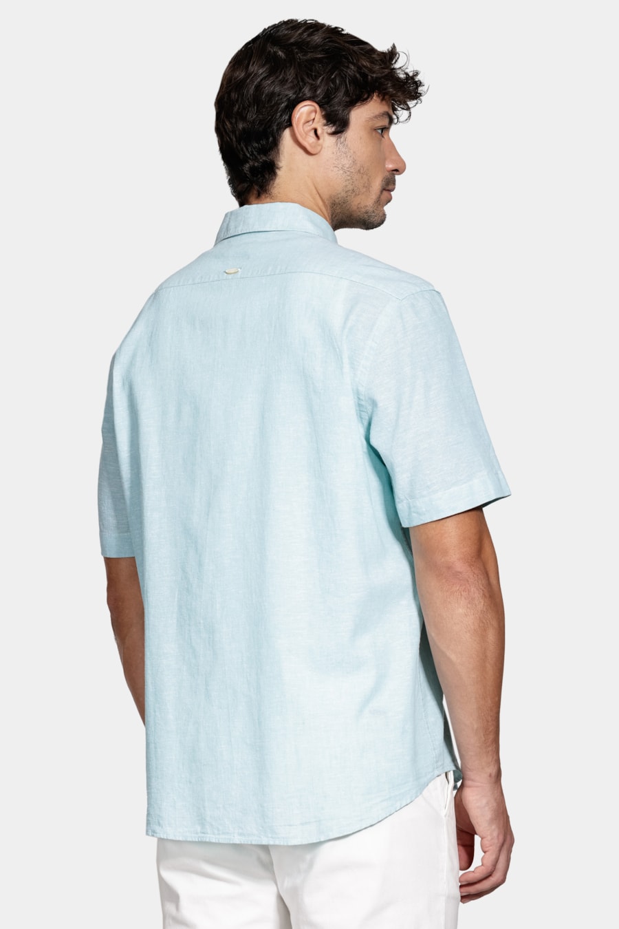 Camisa Manga Curta Regular Linho Algodão Azul Piscina — foto 4 de 5