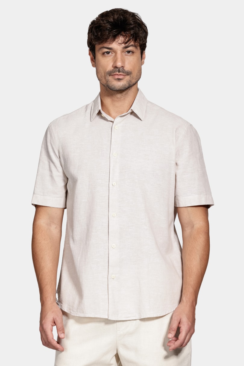 Camisa Manga Curta Regular Linho Algodão Caqui