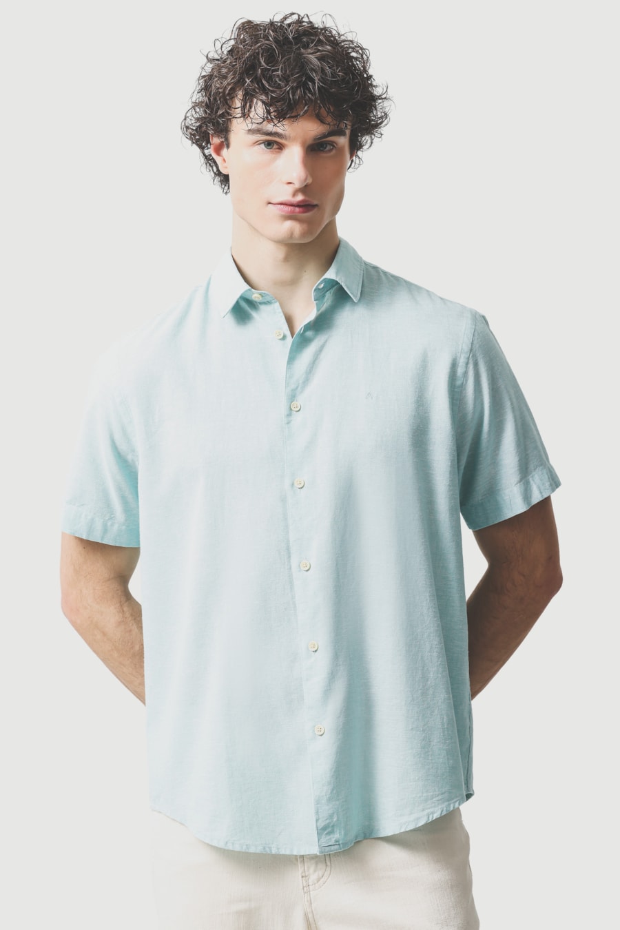 Camisa Manga Curta Regular Linho Algodao Surat Azul Piscina — foto 1 de 6