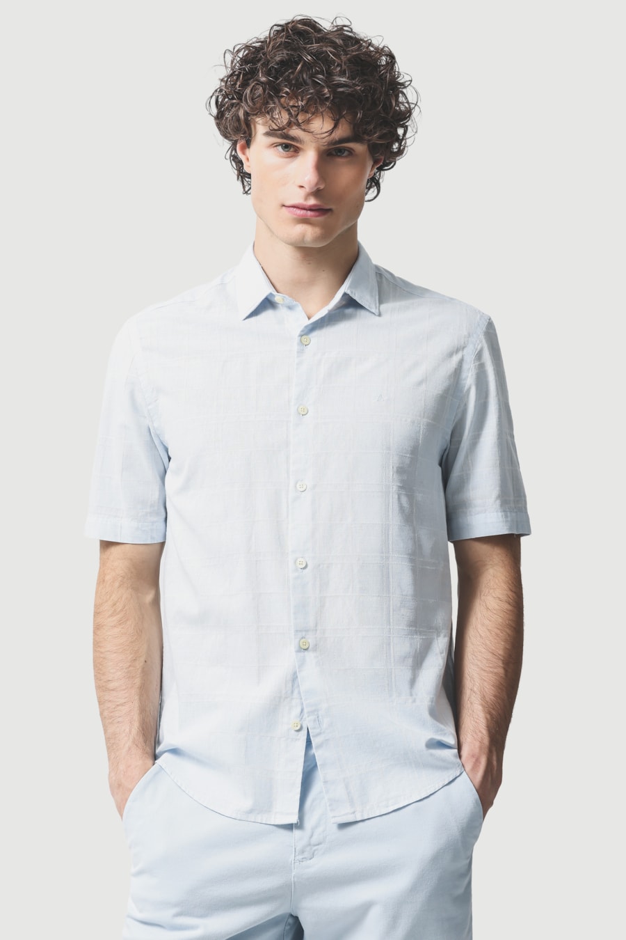 Camisa Manga Curta Regular Maquinetada Flame Quadriculada Azul Claro — foto 1 de 6