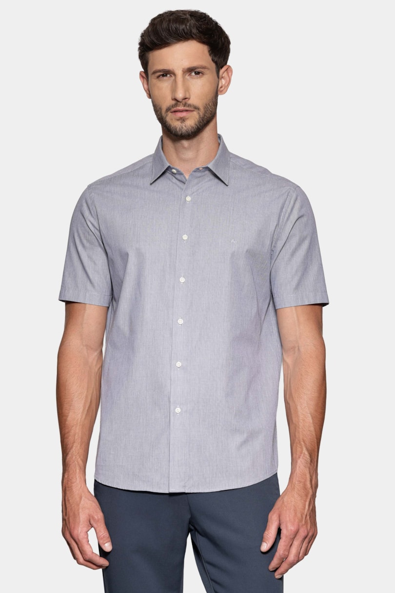 Camisa Manga Curta Regular Micro Xadrez Azul C/Branco