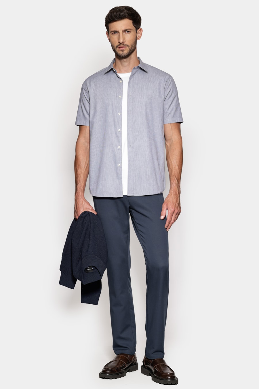 Camisa Manga Curta Regular Micro Xadrez Azul C/Branco — foto 2 de 6
