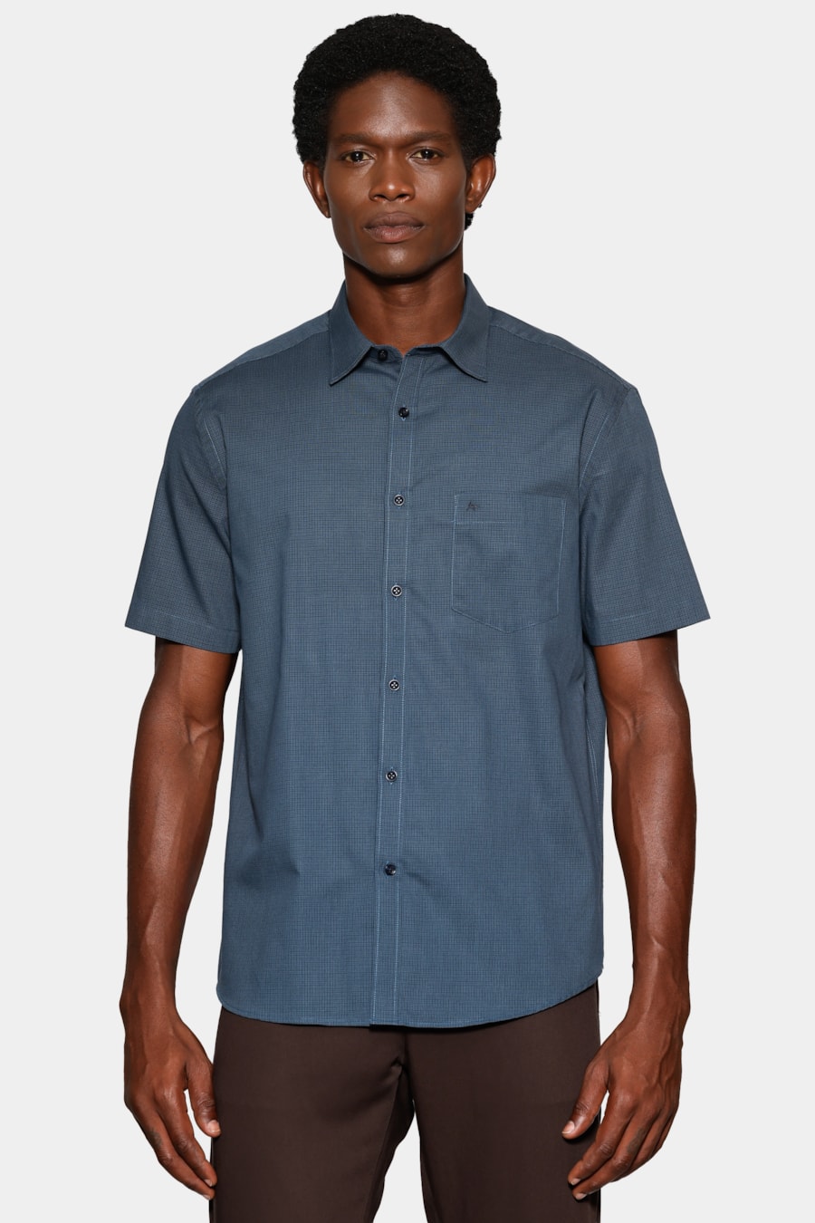 Camisa Manga Curta Regular Micro Xadrez Bolso Marinho C/Cinza — foto 1 de 6