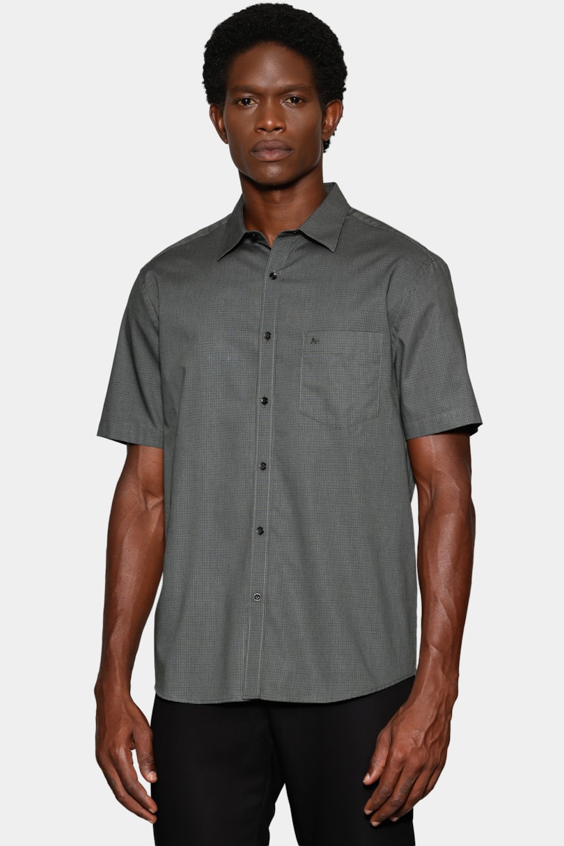 Camisa Manga Curta Regular Micro Xadrez Bolso Preto C/Verde