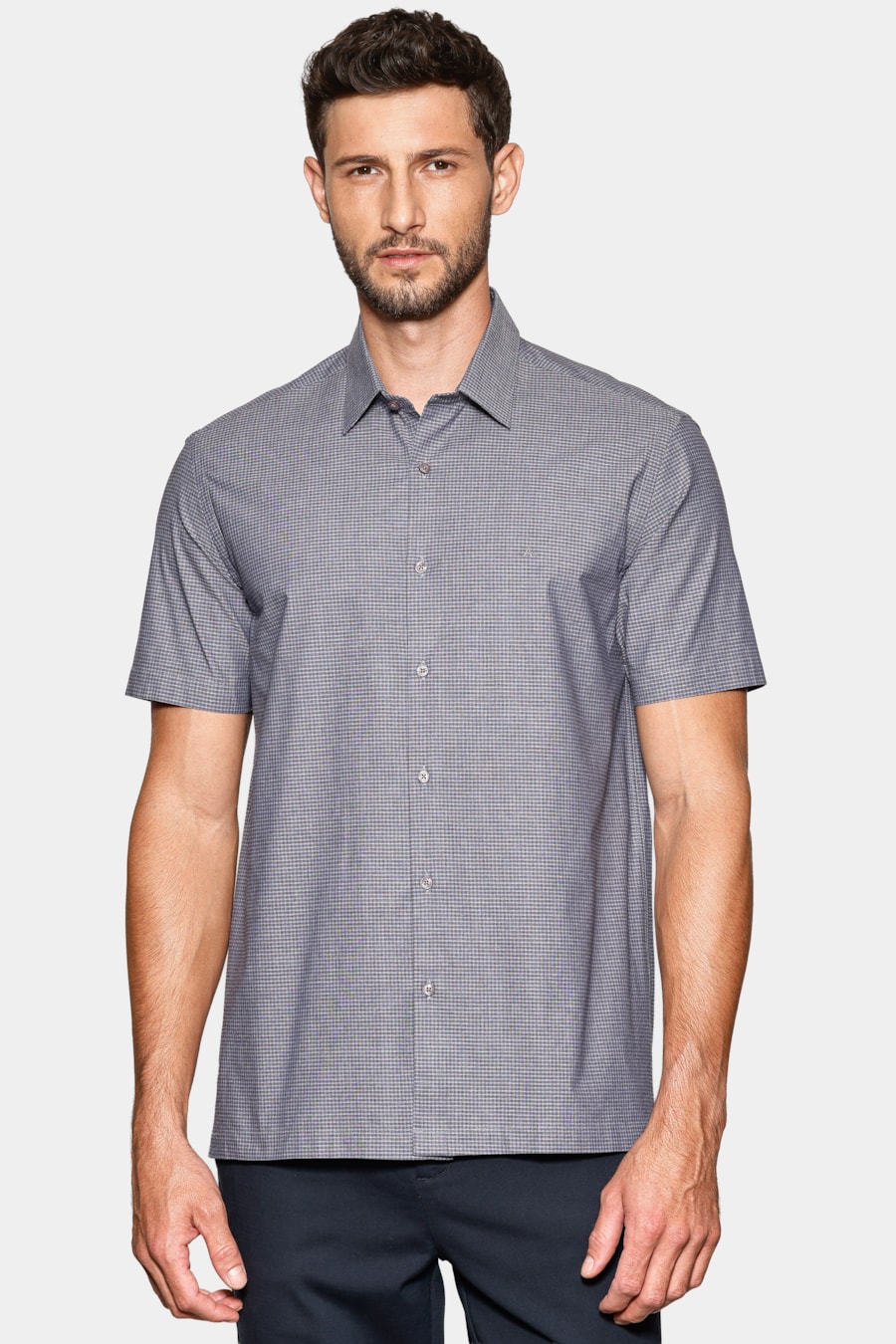 Camisa Manga Curta Regular Micro Xadrez Stretch Azul C/ Marinho — foto 1 de 6