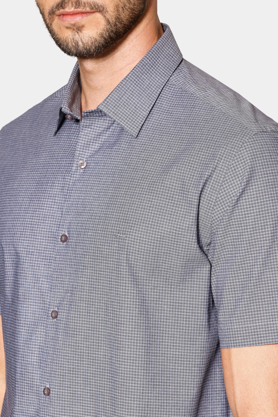Camisa Manga Curta Regular Micro Xadrez Stretch Azul C/ Marinho — foto 3 de 6