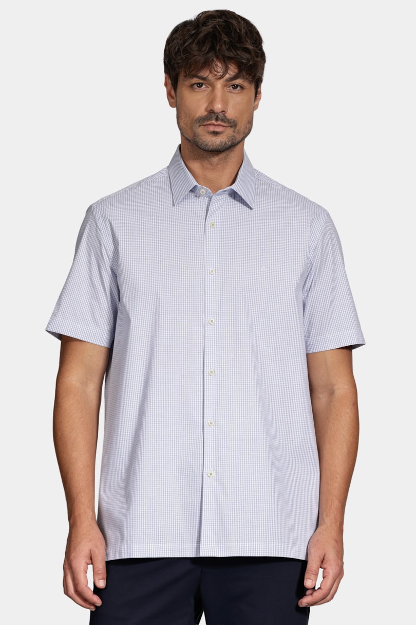 Camisa Manga Curta Regular Micro Xadrez Stretch Branco C/Azul Medio