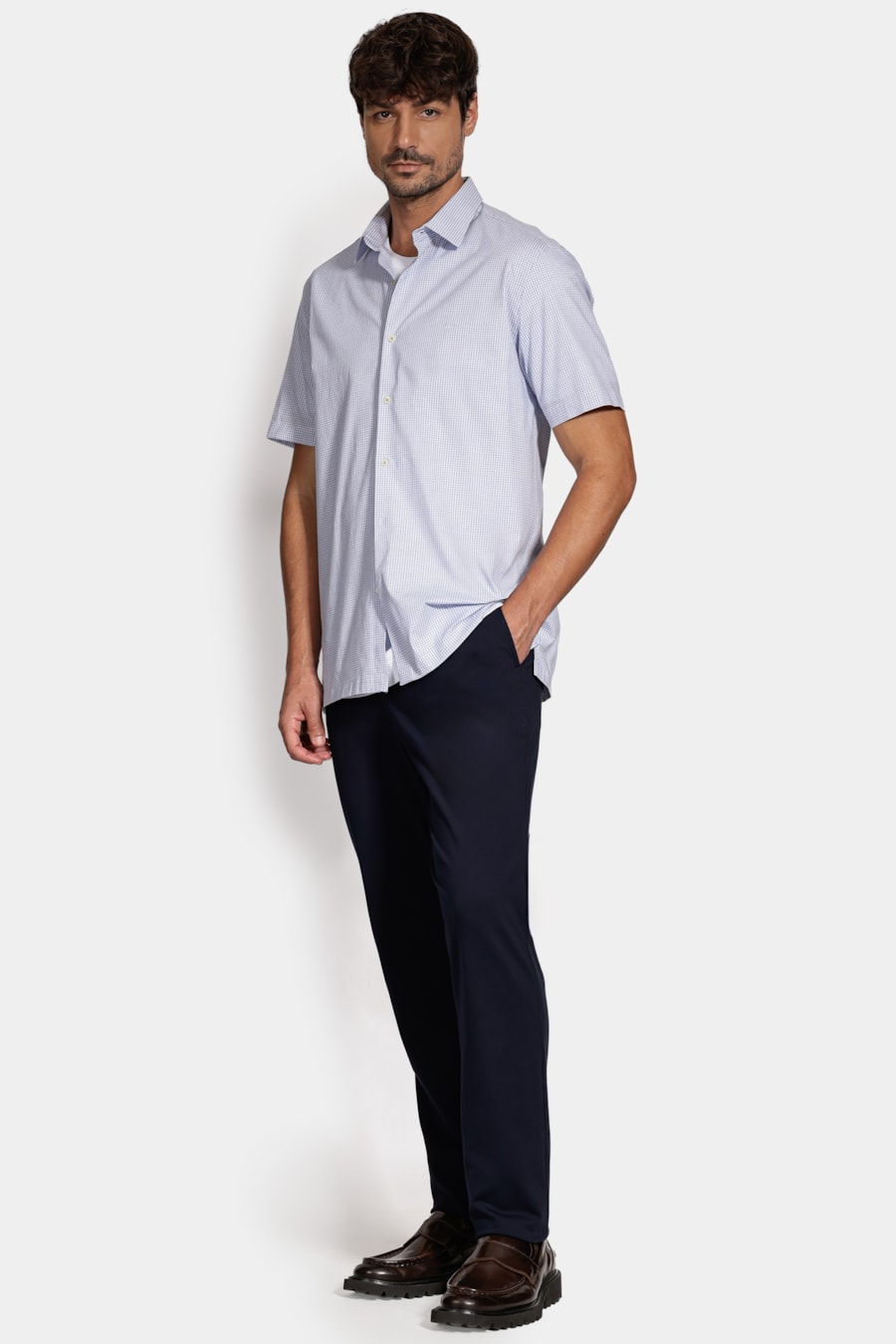 Camisa Manga Curta Regular Micro Xadrez Stretch Branco C/Azul Medio — foto 2 de 6