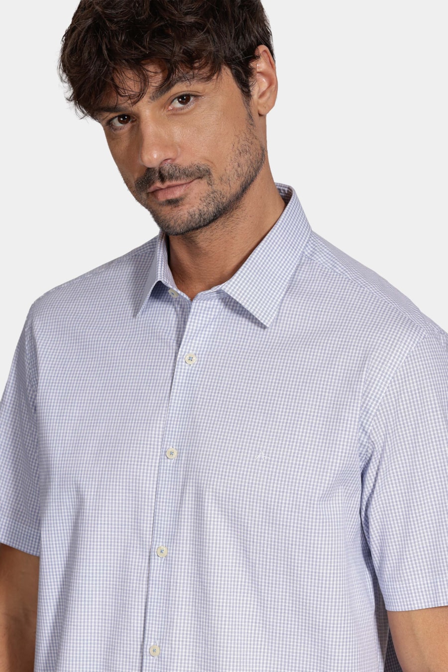 Camisa Manga Curta Regular Micro Xadrez Stretch Branco C/Azul Medio — foto 3 de 6