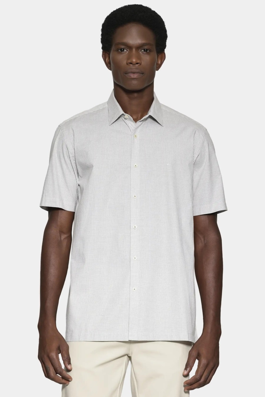 Camisa Manga Curta Regular Micro Xadrez Stretch Branco C/ Verde Medio — foto 1 de 7
