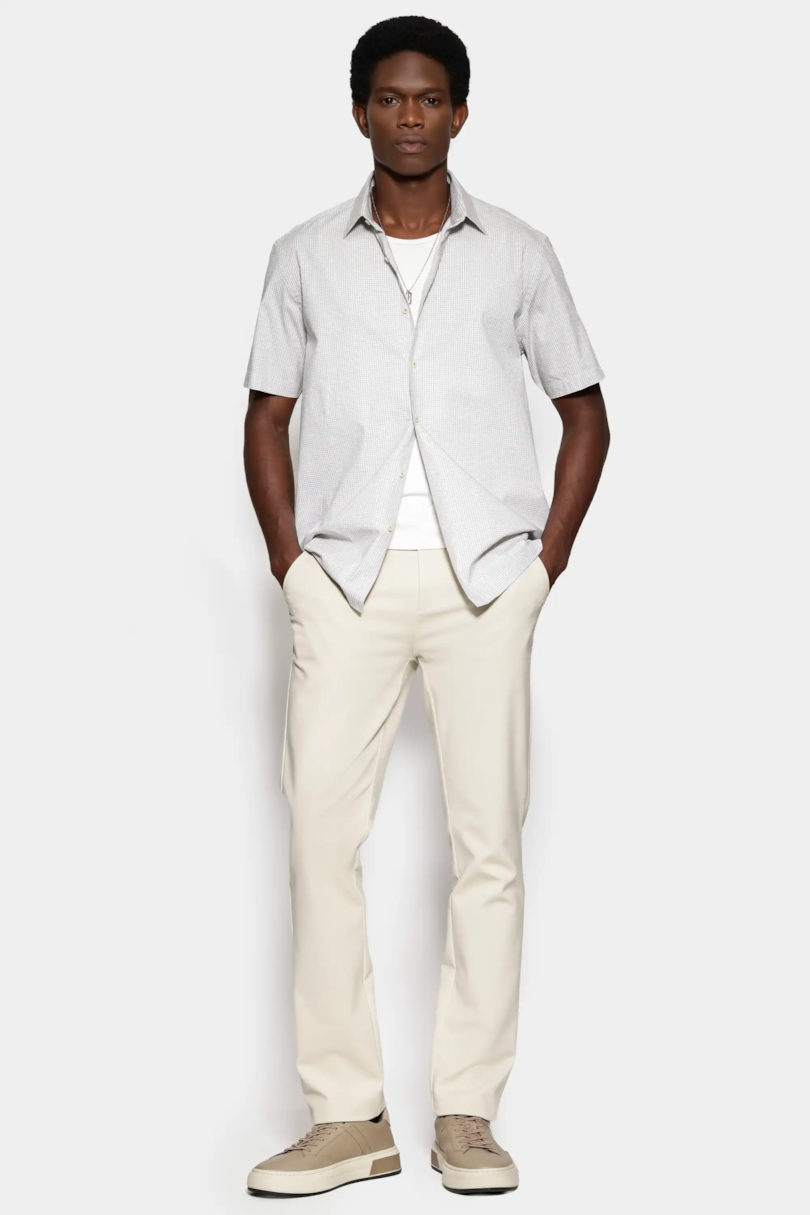 Camisa Manga Curta Regular Micro Xadrez Stretch Branco C/ Verde Medio