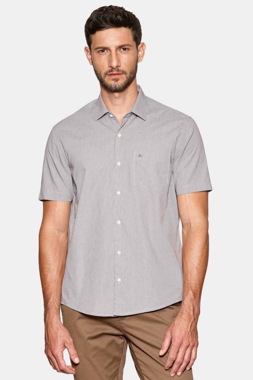 Camisa Manga Curta Regular Micro Xd 2 Cores Bolso Caqui C/Marinho