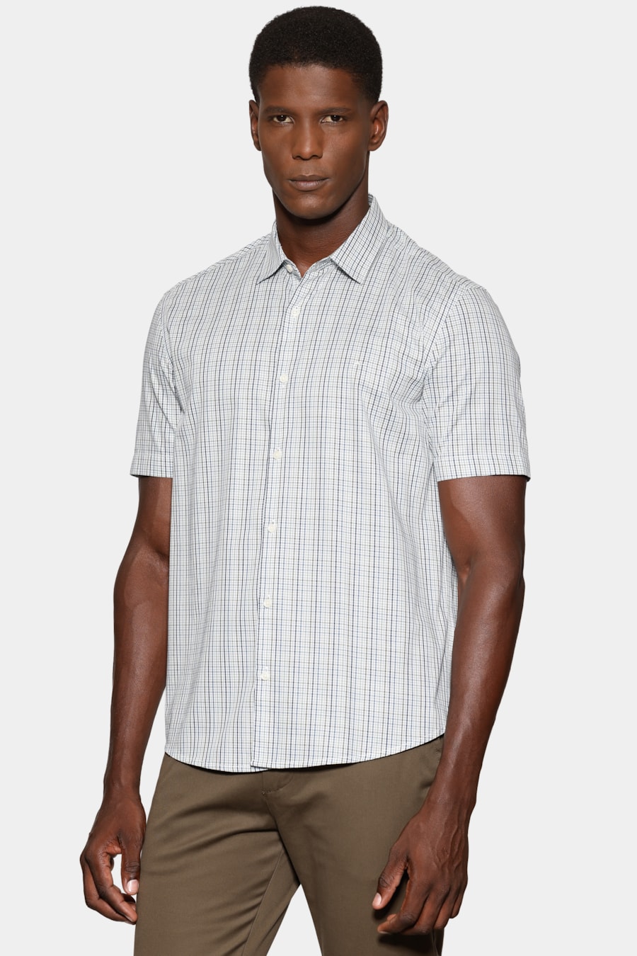Camisa Manga Curta Regular Mini Xadrez Branco C/Azul — foto 1 de 6