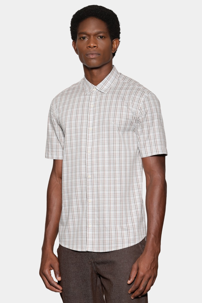 Camisa Manga Curta Regular Mini Xadrez Branco C/Cafe