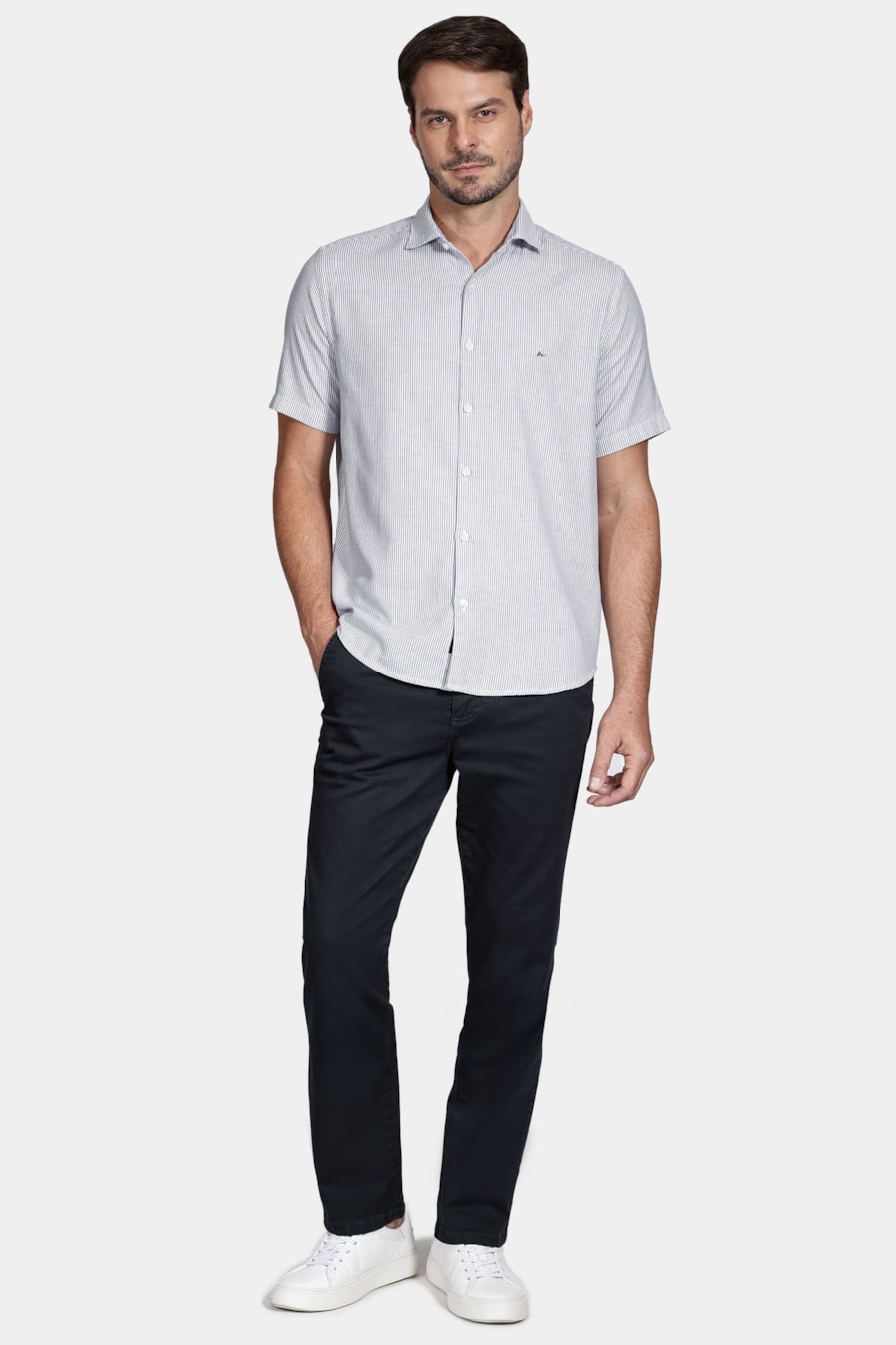 Camisa Manga Curta Regular Oxford Listrado Azul — foto 2 de 5