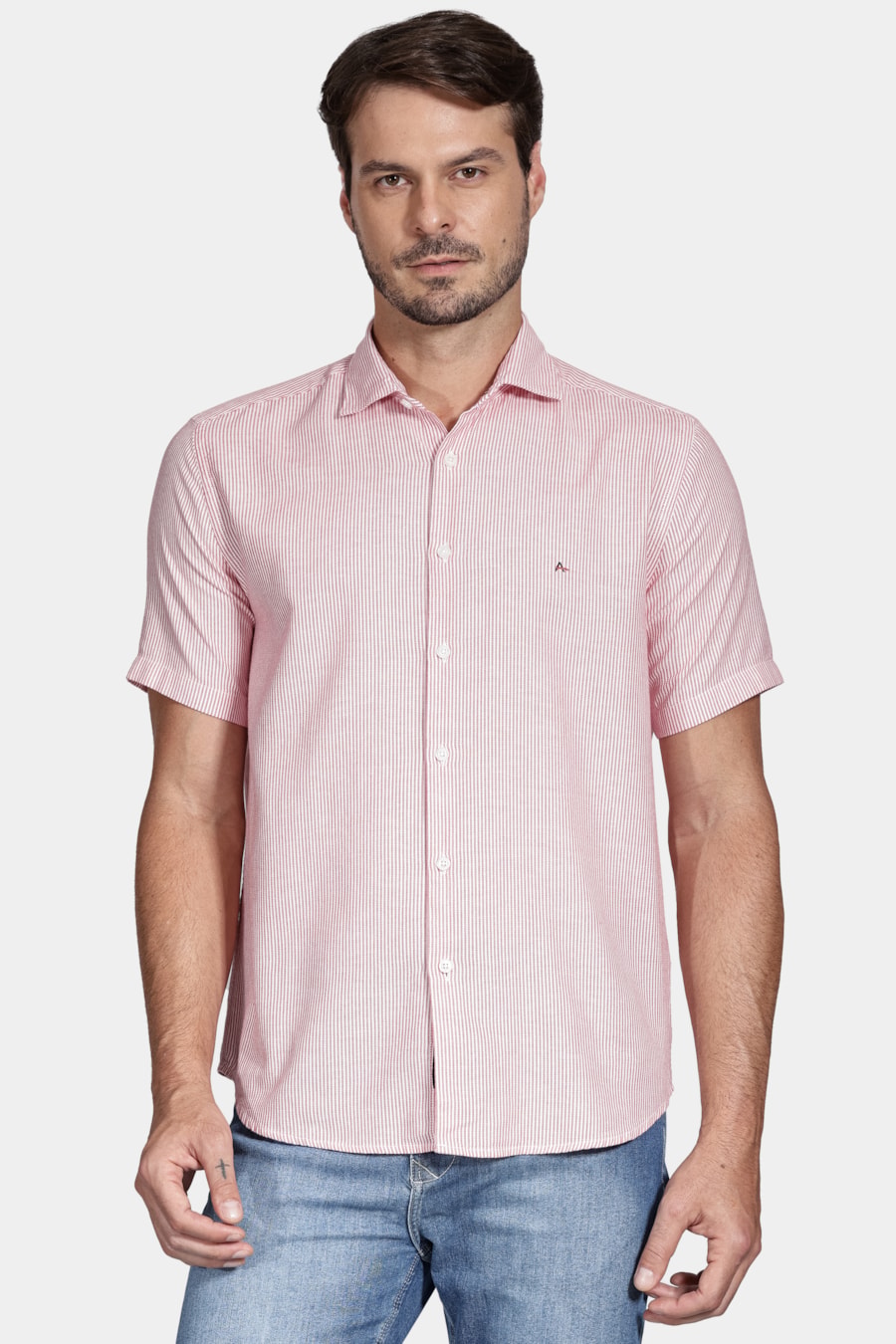 Camisa Manga Curta Regular Oxford Listrado Laranja — foto 1 de 5