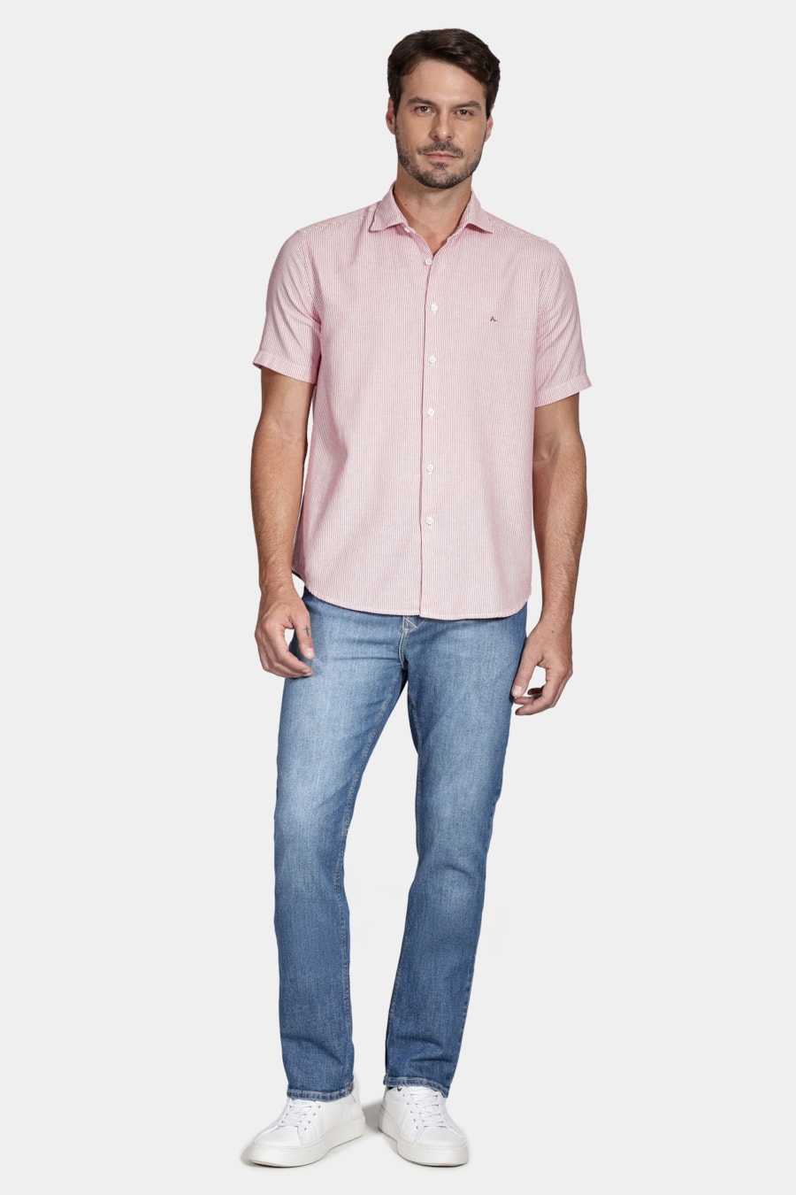 Camisa Manga Curta Regular Oxford Listrado Laranja — foto 2 de 5