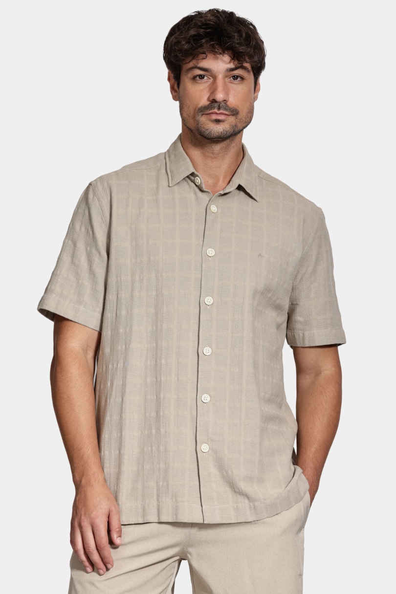 Camisa Manga Curta Regular Quadriculada Rustica Caqui