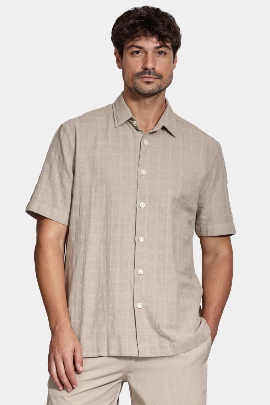 Camisa Manga Curta Regular Quadriculada Rustica Caqui — foto 1 de 7