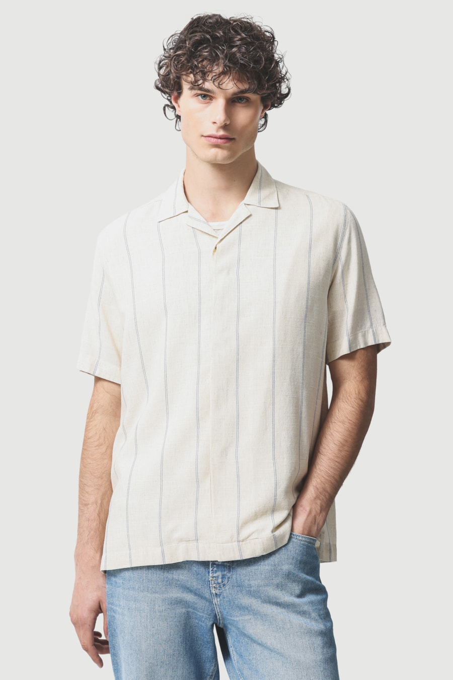 Camisa Manga Curta Regular Rustica Listras Pesponto Natural C/ Azul — foto 1 de 7