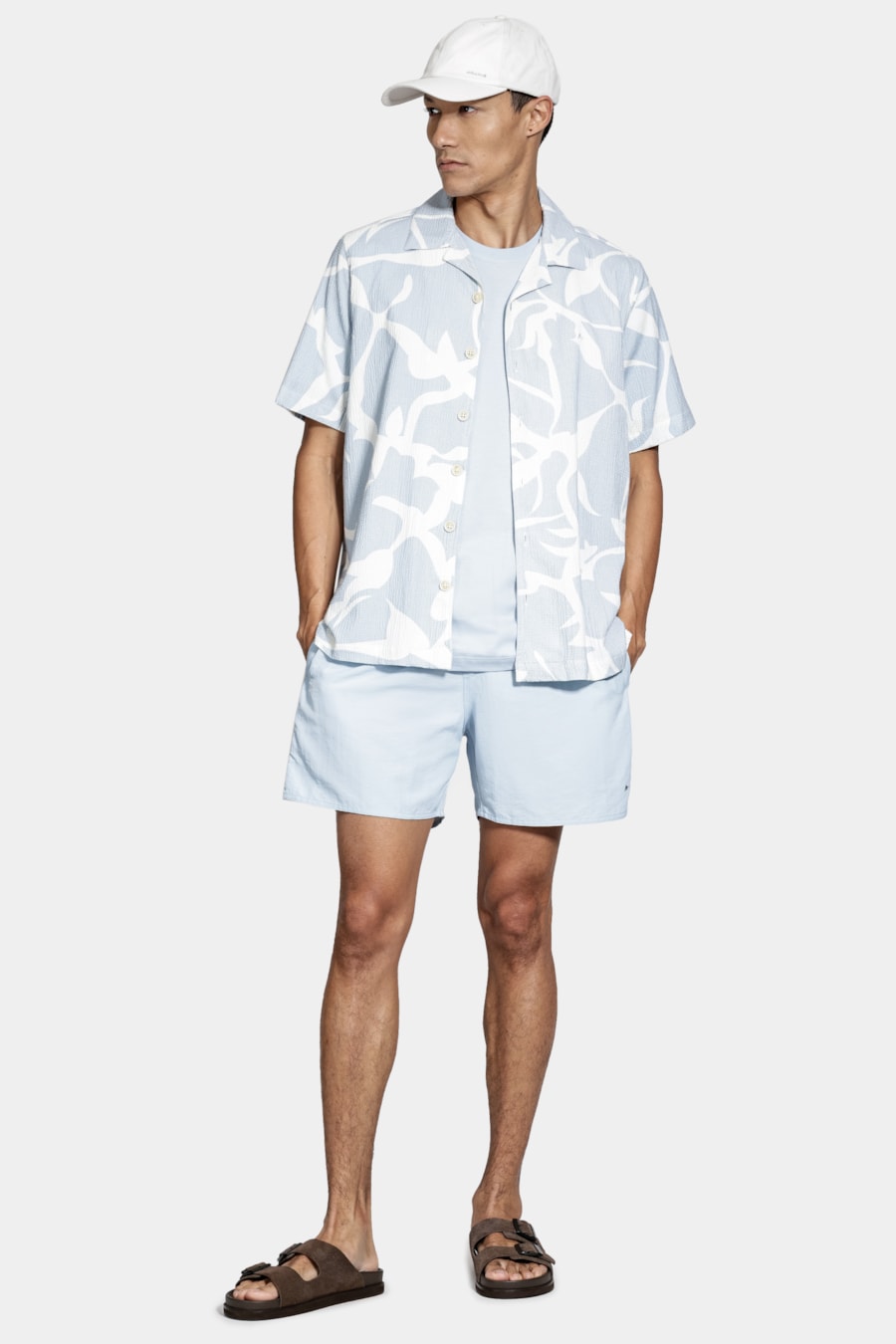 Camisa Manga Curta Regular Seersucker Estampada Azul Claro C/Branco — foto 2 de 6
