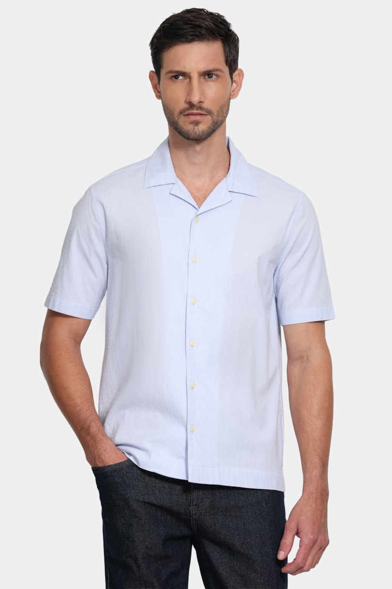 Camisa Manga Curta Regular Seersucker Lisa Azul Claro