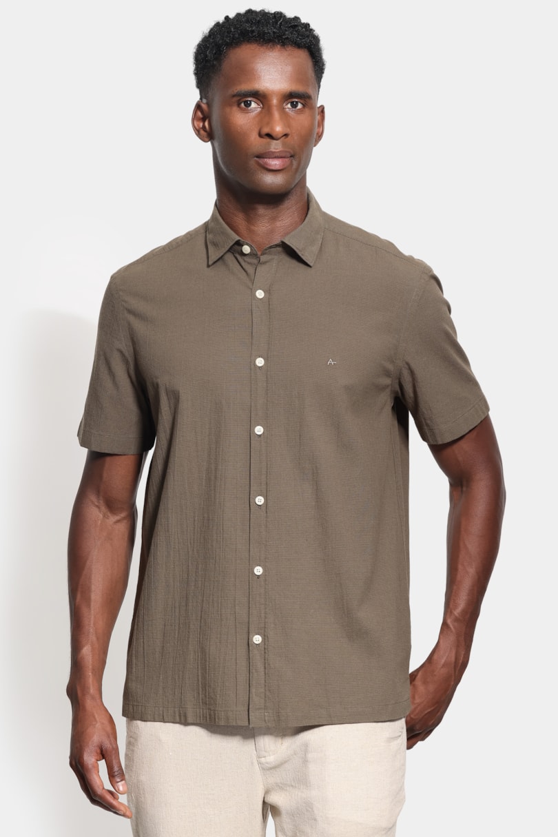 Camisa Manga Curta Regular Seersucker Lisa Verde Gris
