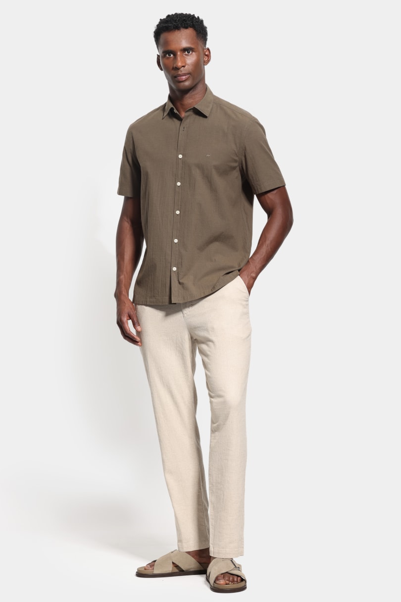Camisa Manga Curta Regular Seersucker Lisa Verde Gris