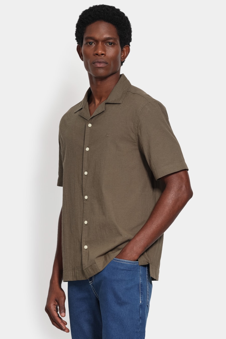 Camisa Manga Curta Regular Seersucker Lisa Verde Gris — foto 1 de 6