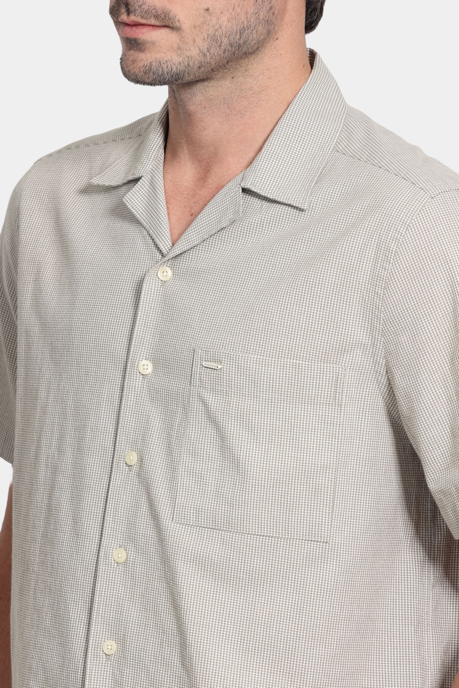 Camisa Manga Curta Regular Seersucker Micro Xadrez Branco C/Verde — foto 3 de 6