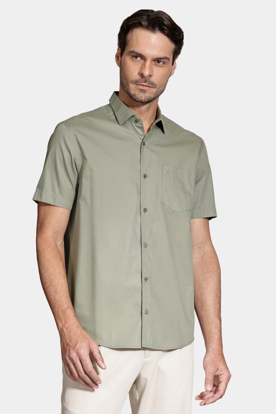Camisa Manga Curta Regular Tricoline Algodão Verde Folha — foto 1 de 6