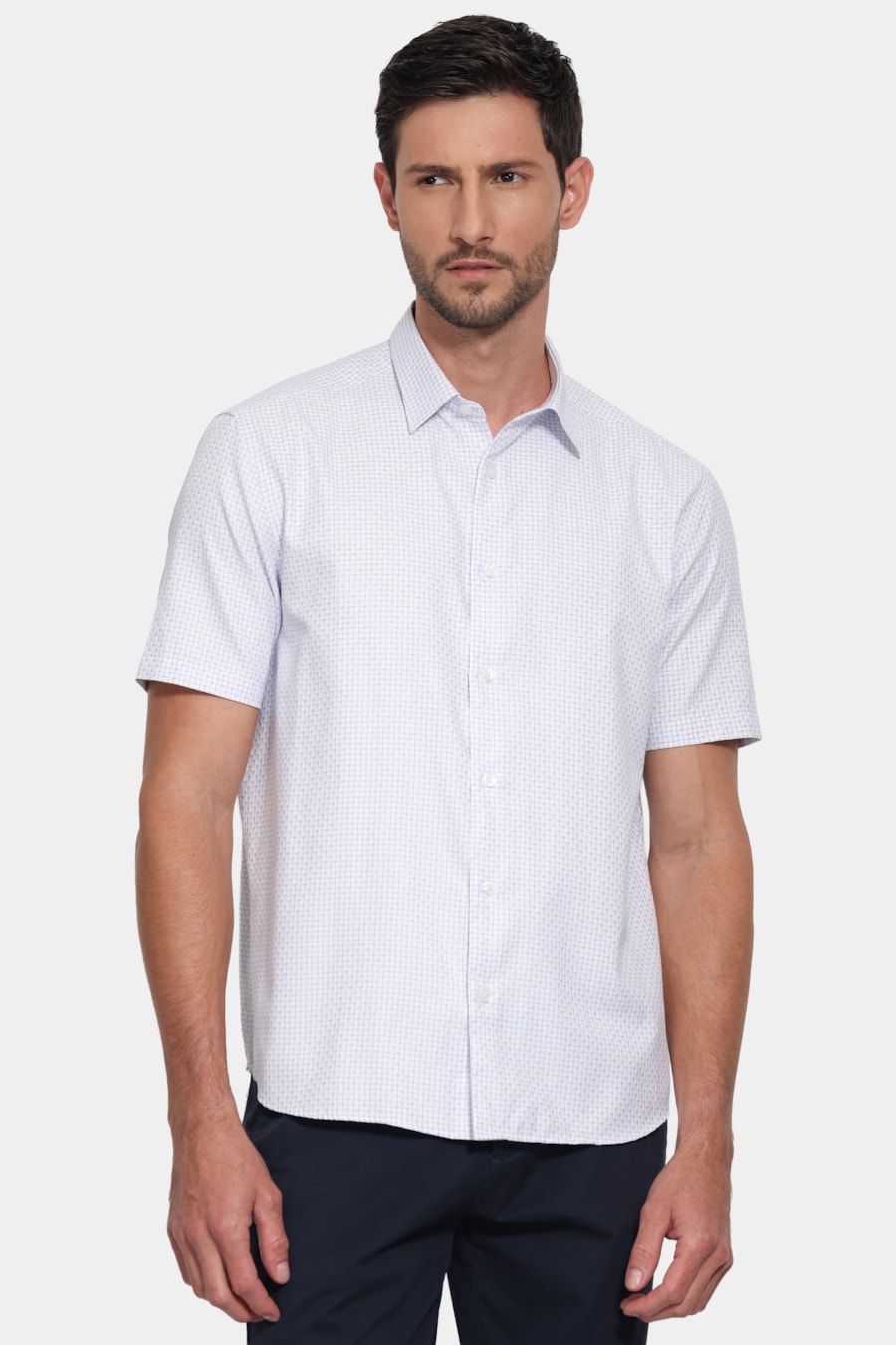 Camisa Manga Curta Regular Tricoline Maquinetado Mix Branco C/Azul — foto 1 de 6