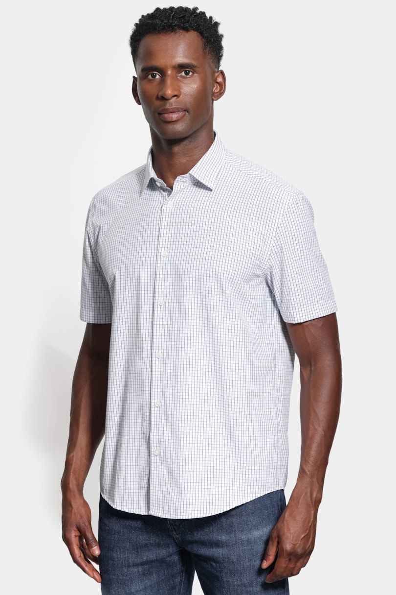 Camisa Manga Curta Regular Tricoline Mix Xadrez Branco C/Azul