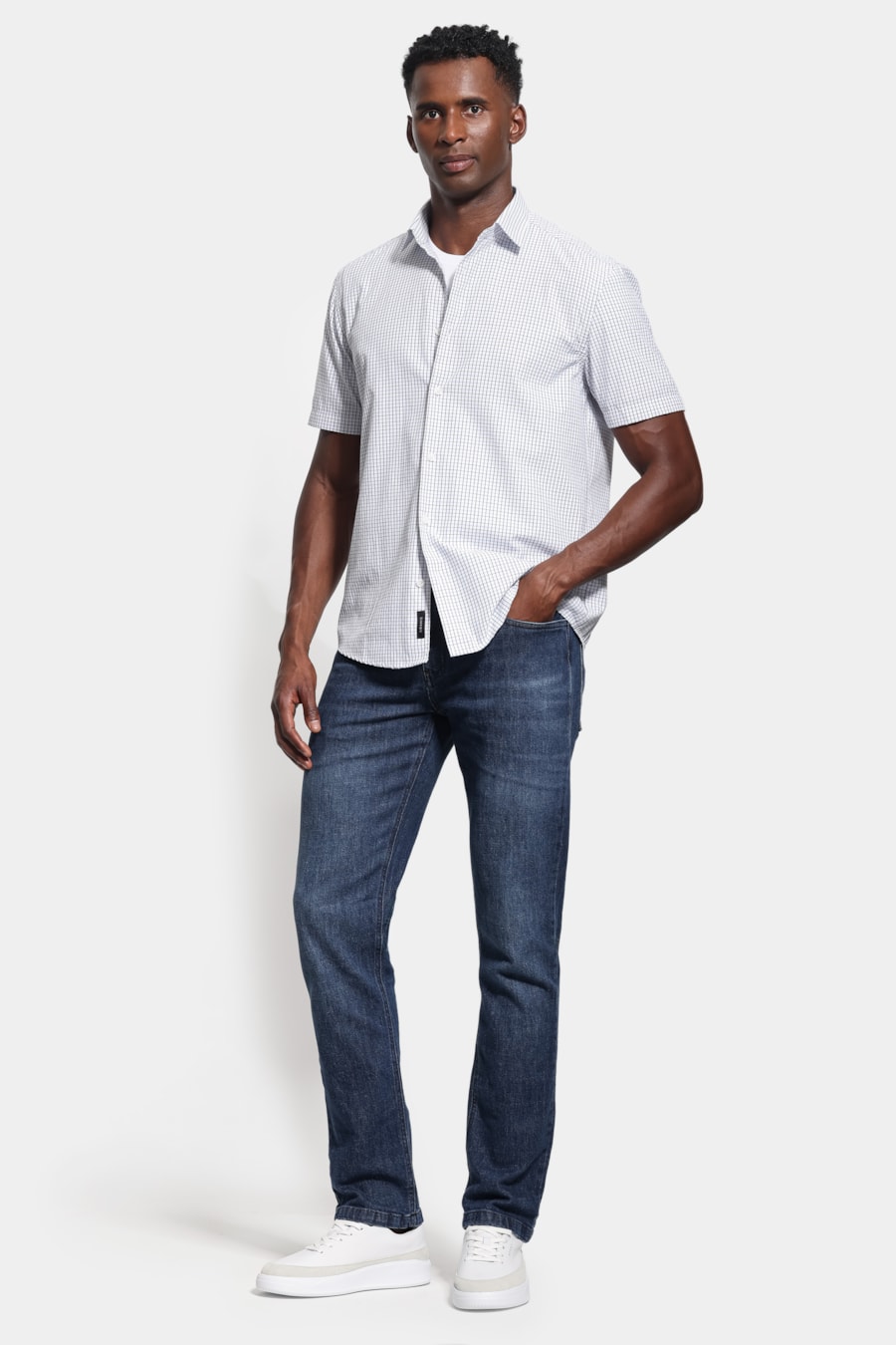 Camisa Manga Curta Regular Tricoline Mix Xadrez Branco C/Azul — foto 2 de 6