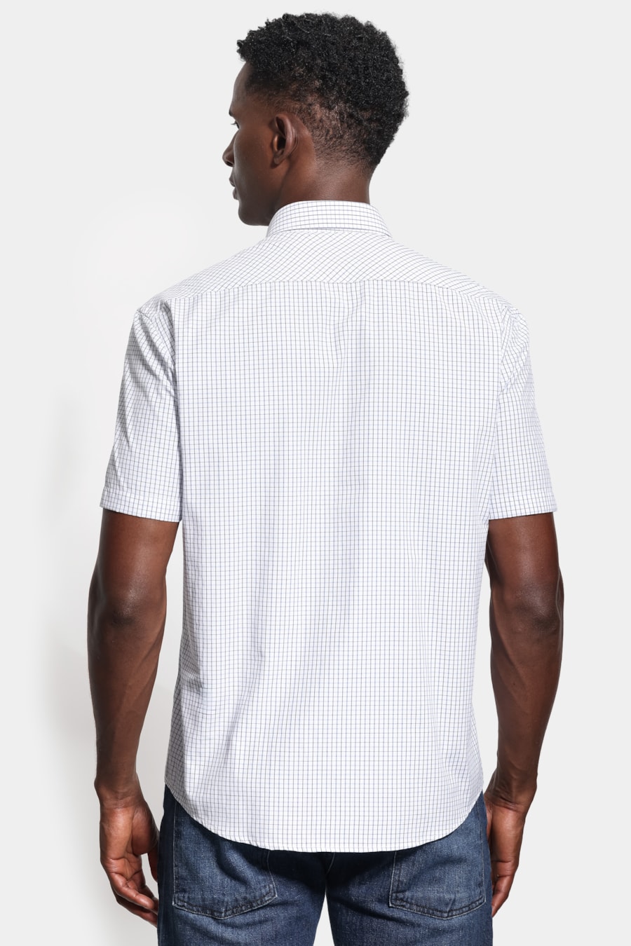 Camisa Manga Curta Regular Tricoline Mix Xadrez Branco C/Azul — foto 4 de 6