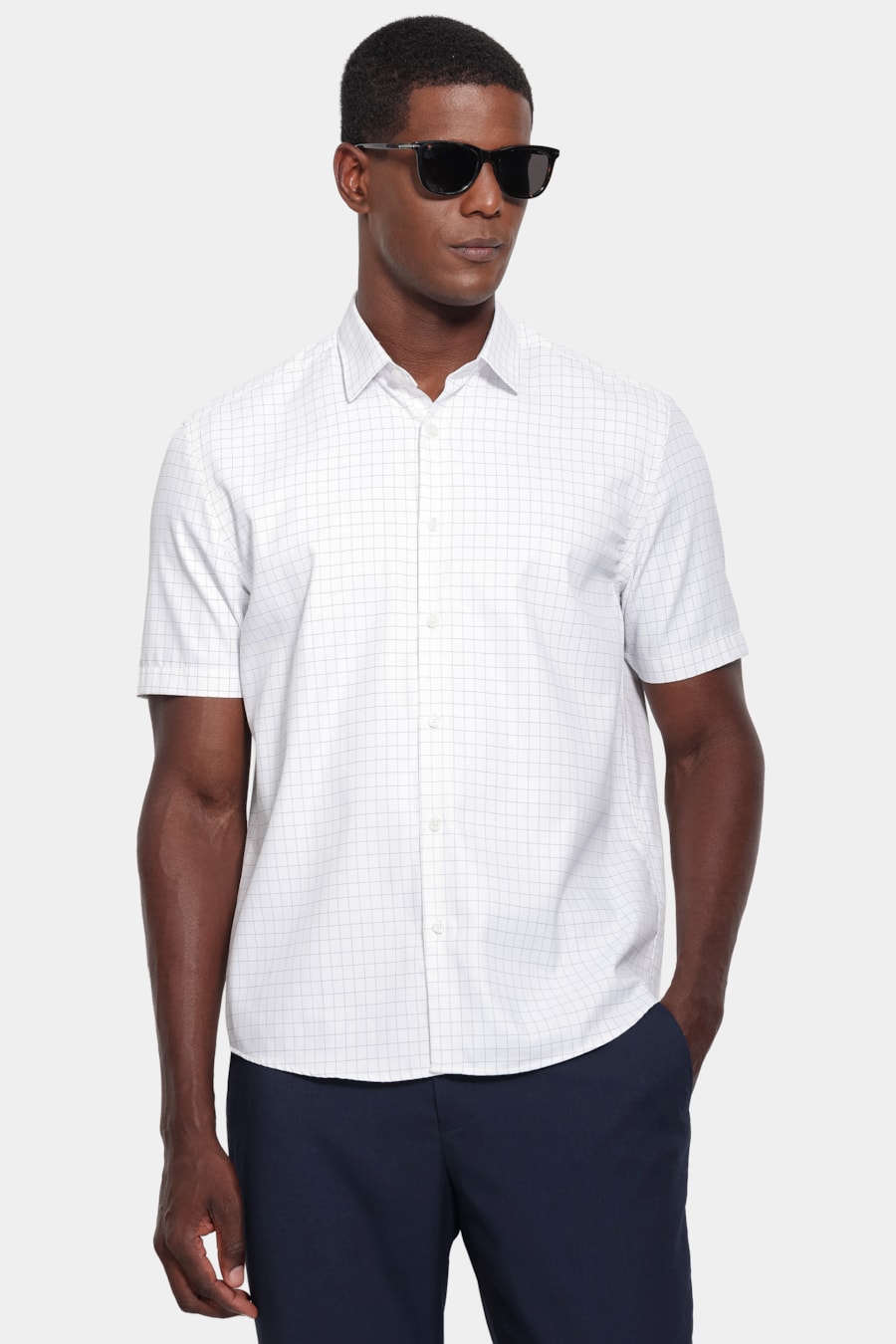 Camisa Manga Curta Regular Tricoline Mix Xadrez Branco C/Azul — foto 1 de 6