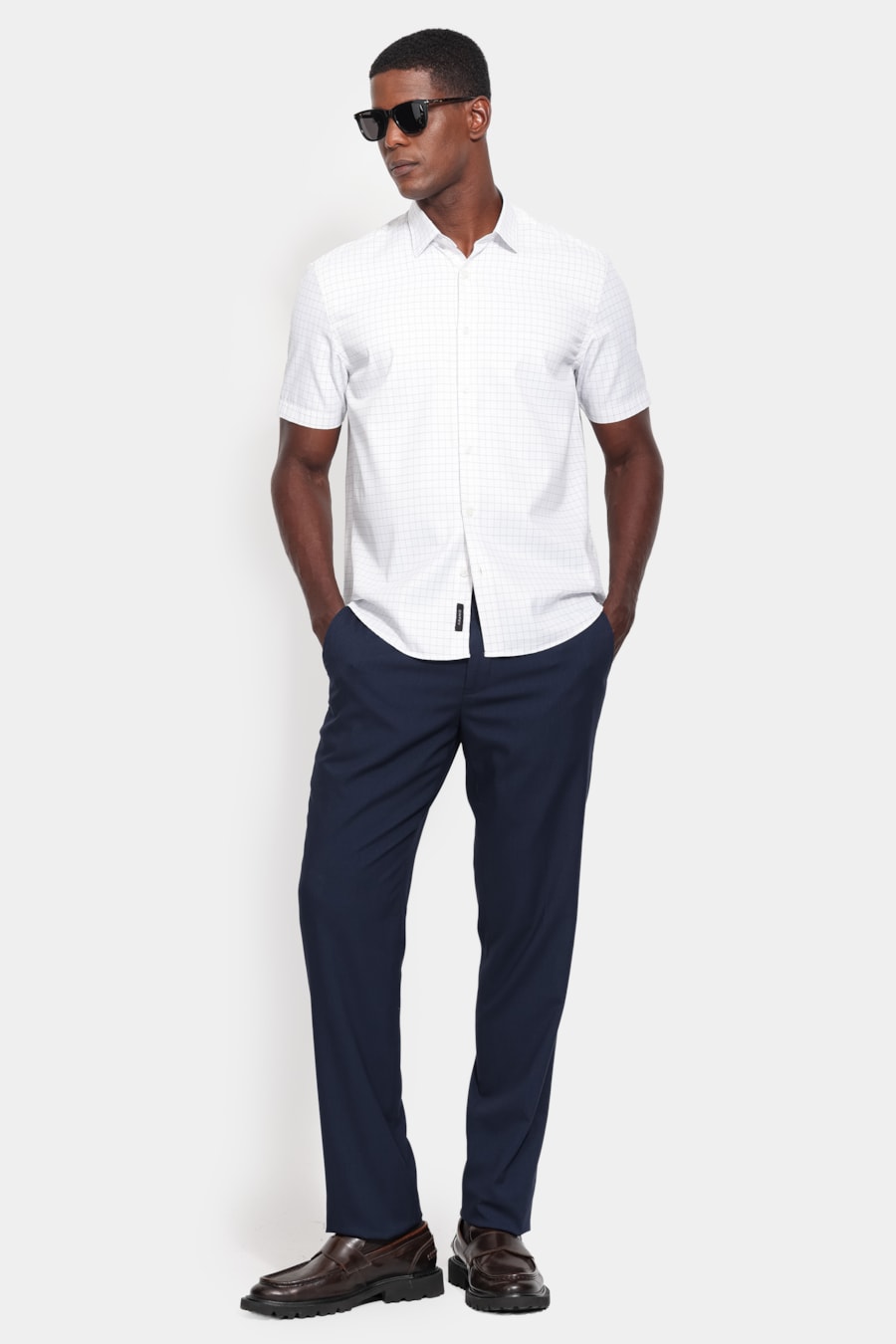 Camisa Manga Curta Regular Tricoline Mix Xadrez Branco C/Azul — foto 2 de 6