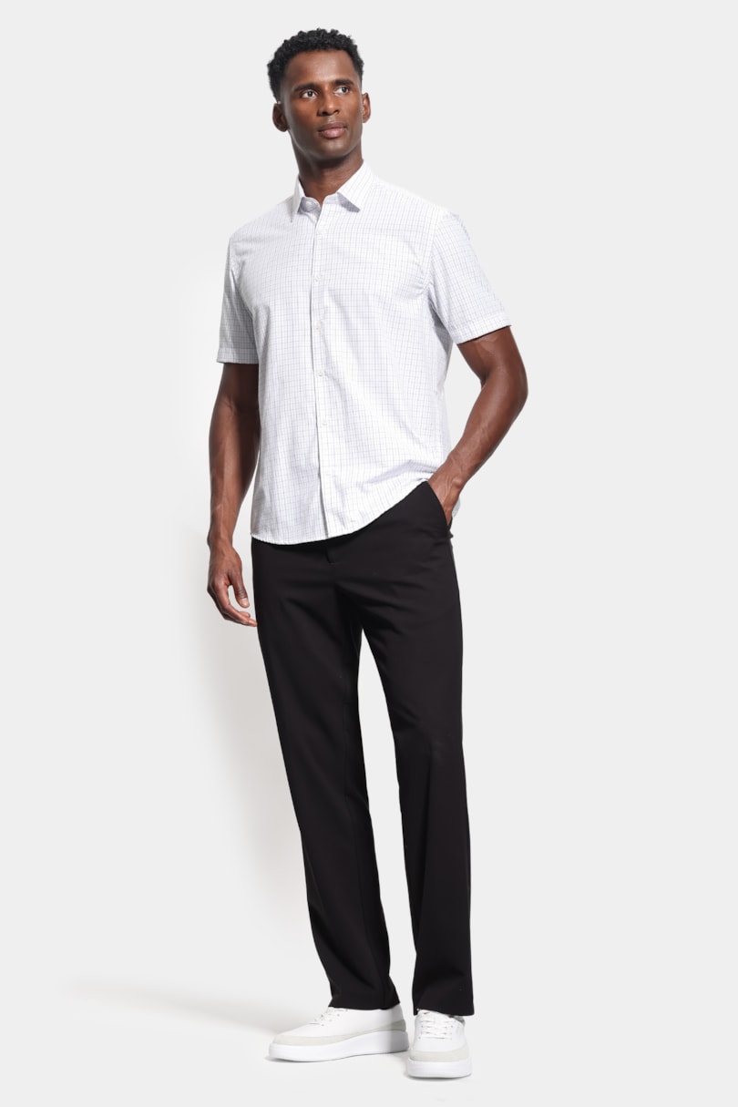 Camisa Manga Curta Regular Tricoline Mix Xadrez Branco C/ Preto
